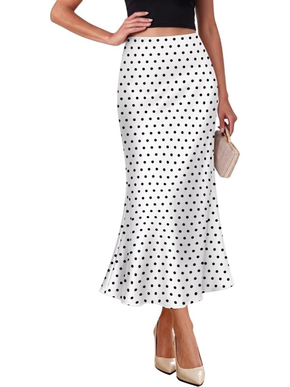 Women's Black Dots Elegant Satin High Waist Silk Bias Cut Slip Midi Skirt